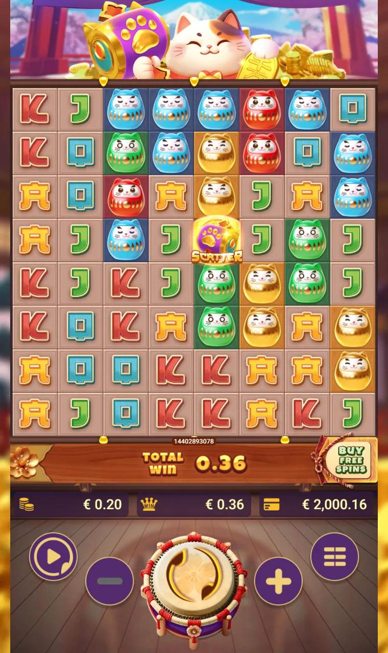 Happy Neko slot 8x8 cluster grid of gold, red, green and blue daruma cats with a gold paw Scatter and a 0.36 total win