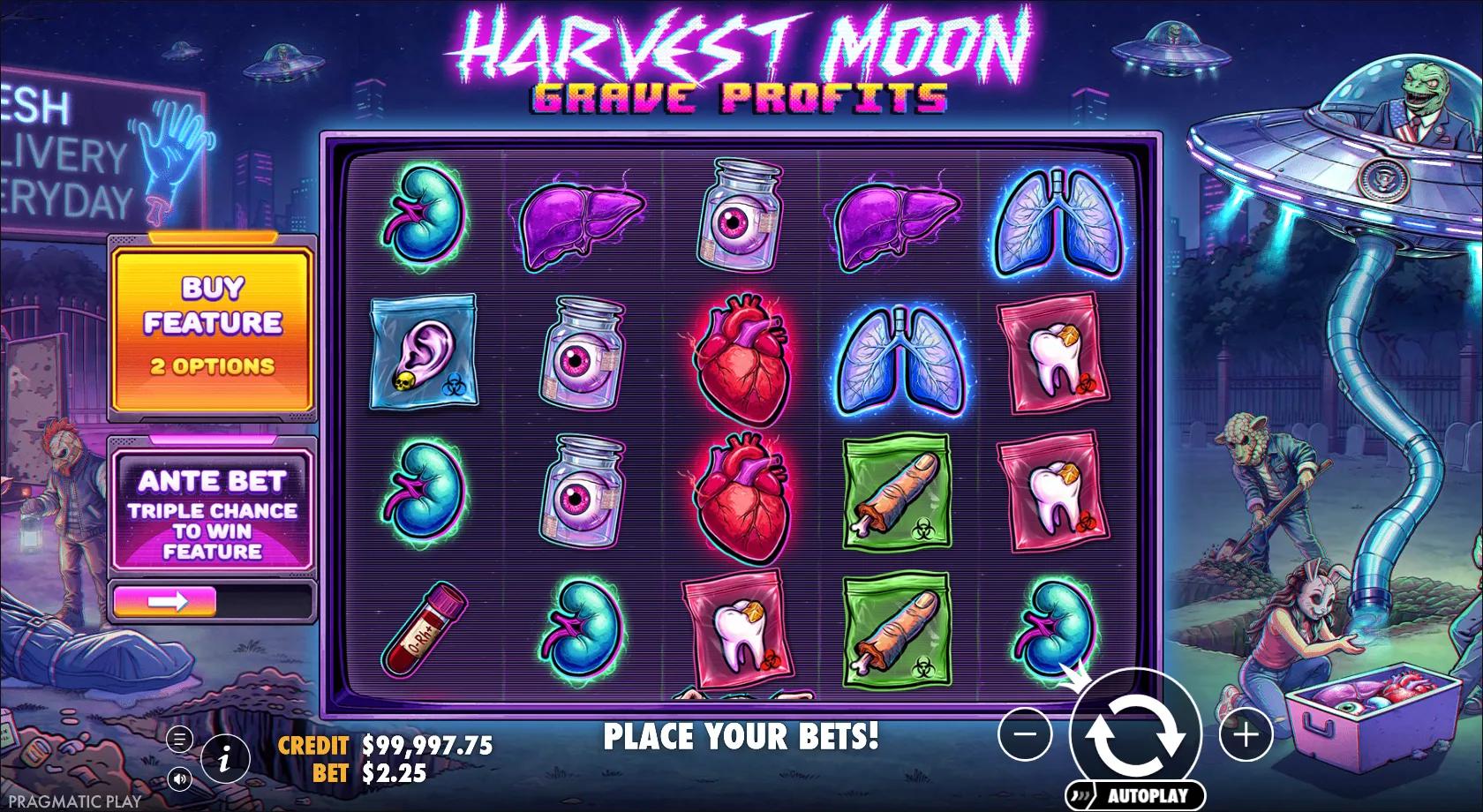 Harvest Moon Grave Profits slot gameplay showing 5x4 grid of organ symbols with hearts, lungs and kidneys and an alien UFO harvesting bodies