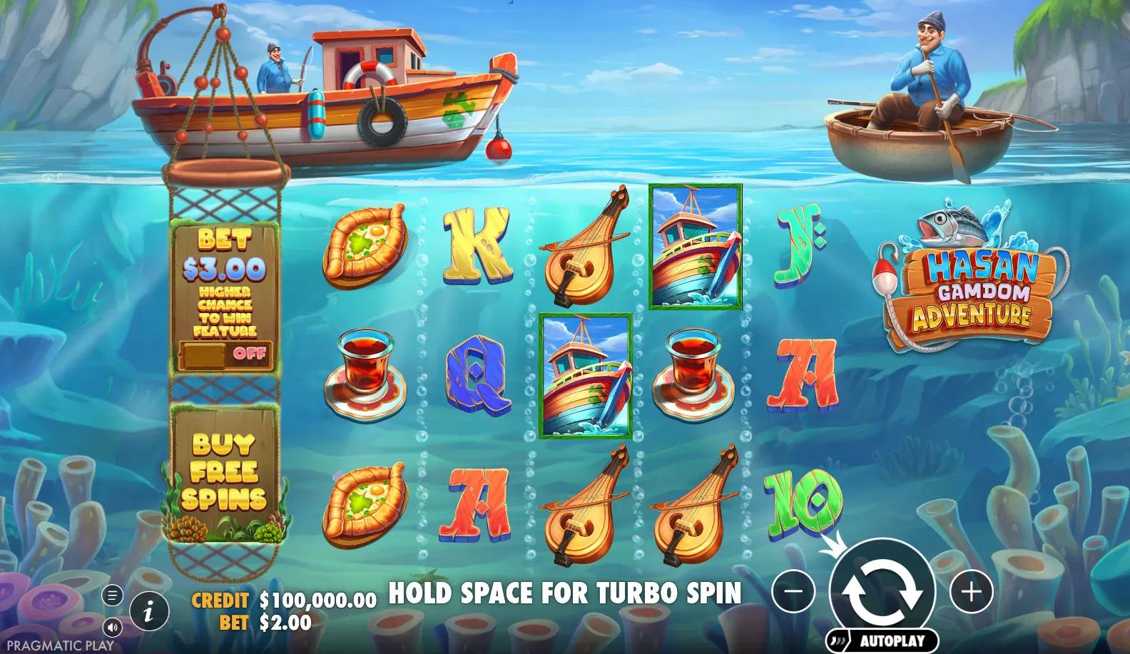Hasan Gamdom Adventure reels showing Fishing symbols and Ante Bet