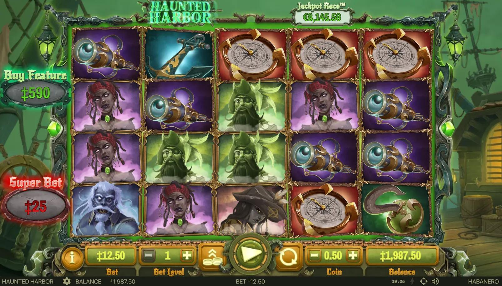 Haunted Harbor slot gameplay showing 5x4 grid with ghost pirates, red bandana pirate woman, golden compass, anchor, and lantern symbols on green-fog haunted ship background