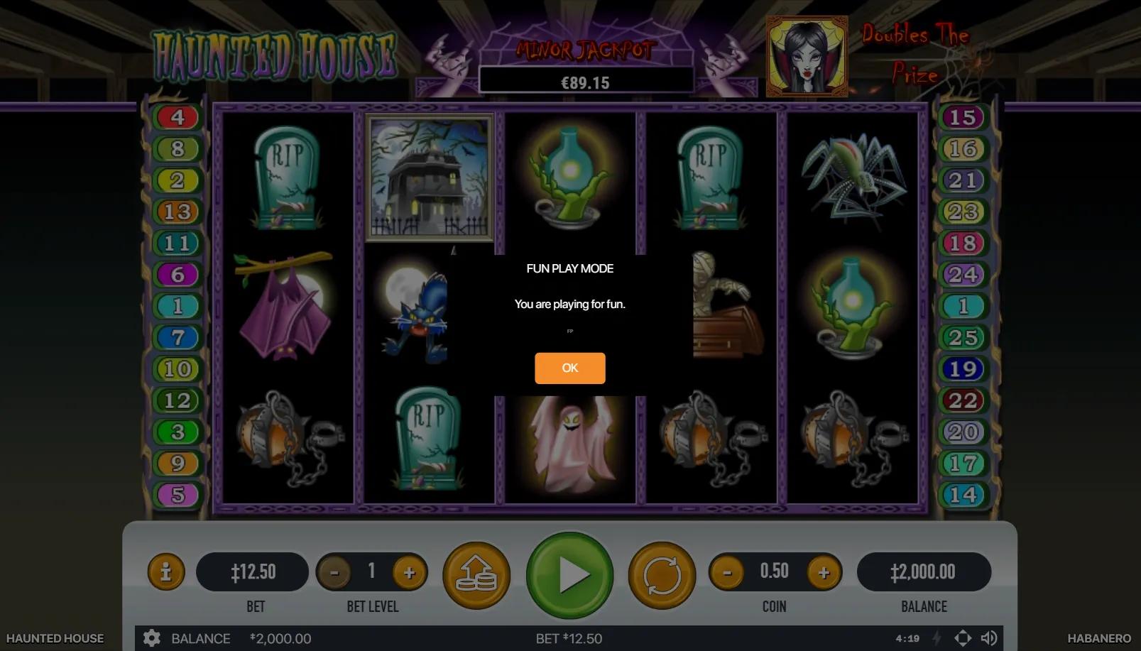 Haunted House slot gameplay showing 5x3 grid with haunted mansion scatter, Frankenstein, vampiress, mummy and ghost
