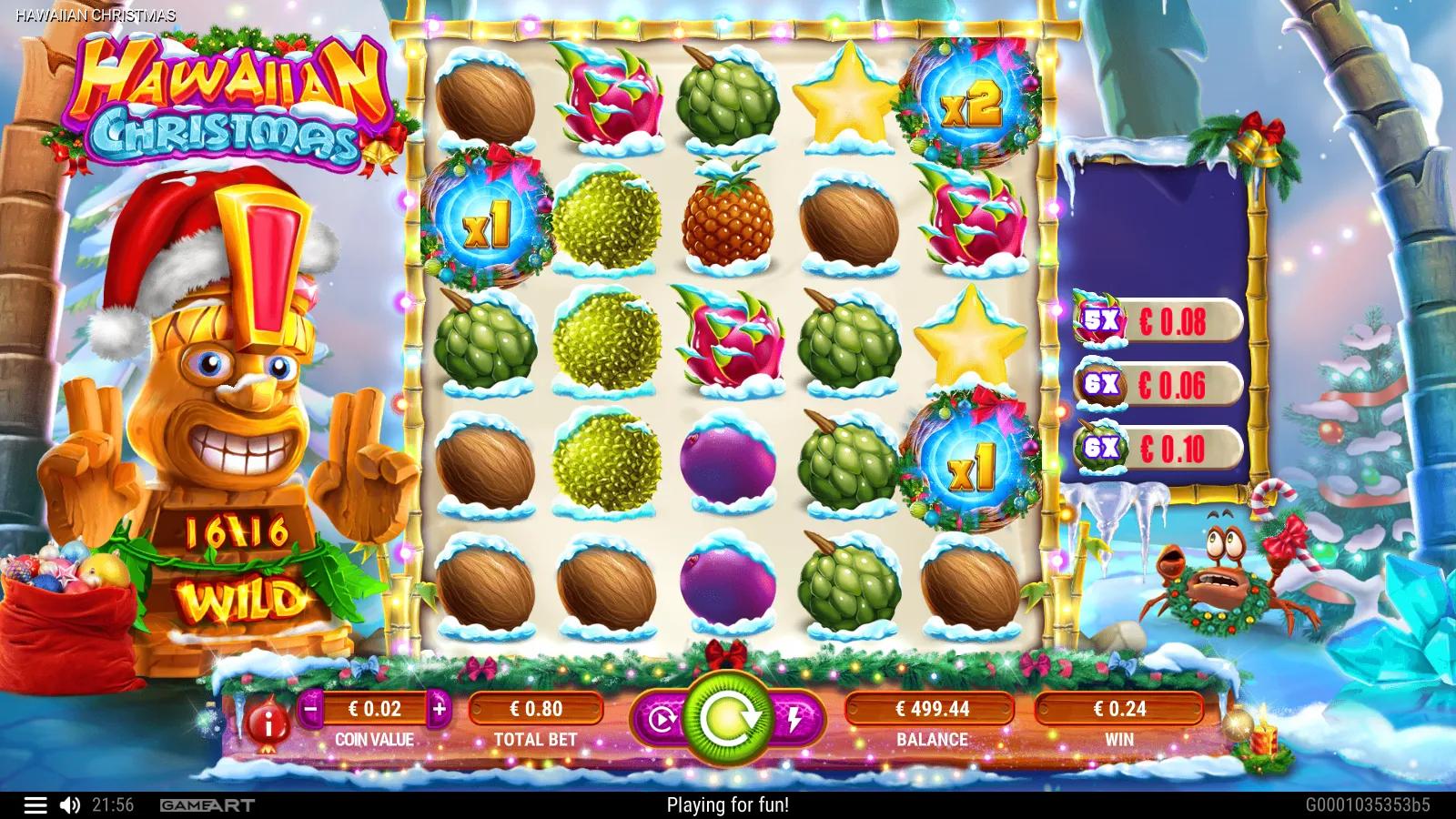 Hawaiian Christmas slot gameplay showing the 5x5 cluster grid of snowy tropical fruits with snow-globe wilds and a Tiki meter