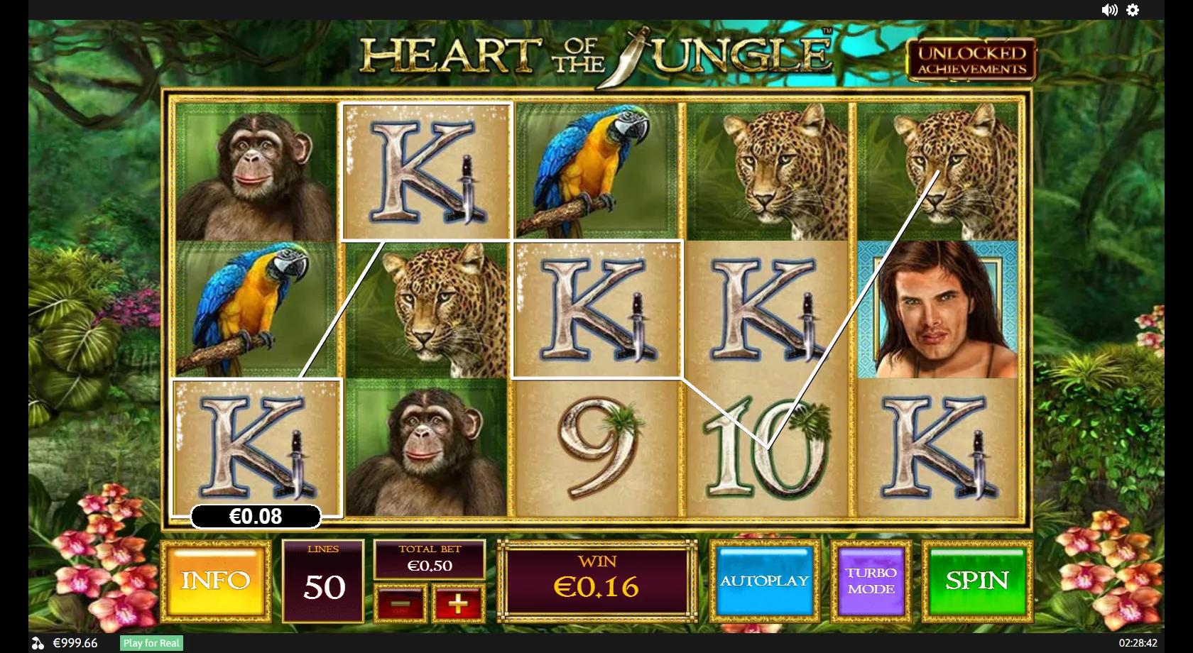 Heart of the Jungle 5x3 rainforest grid with a Tarzan-style jungle hero and heroine, a leopard, elephant and macaw