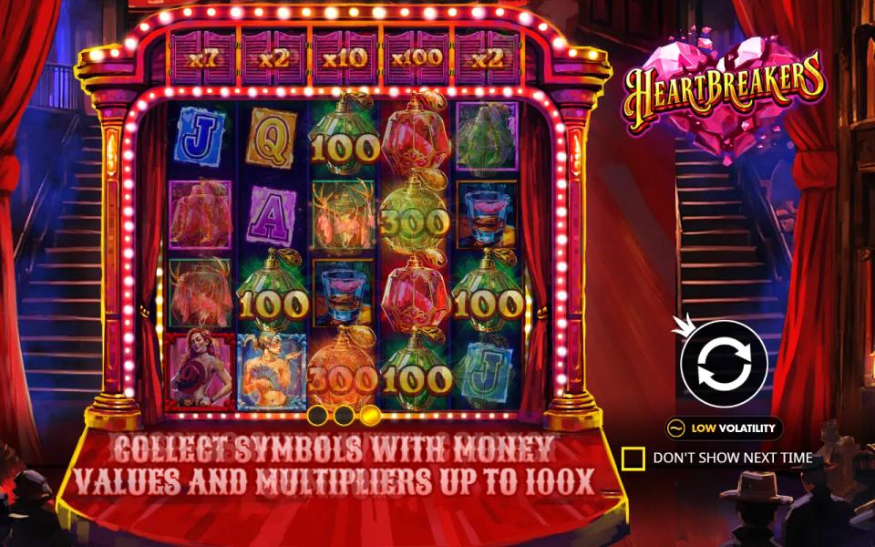 Heartbreakers loading screen with a low volatility badge next to collect symbols and multipliers up to 100x