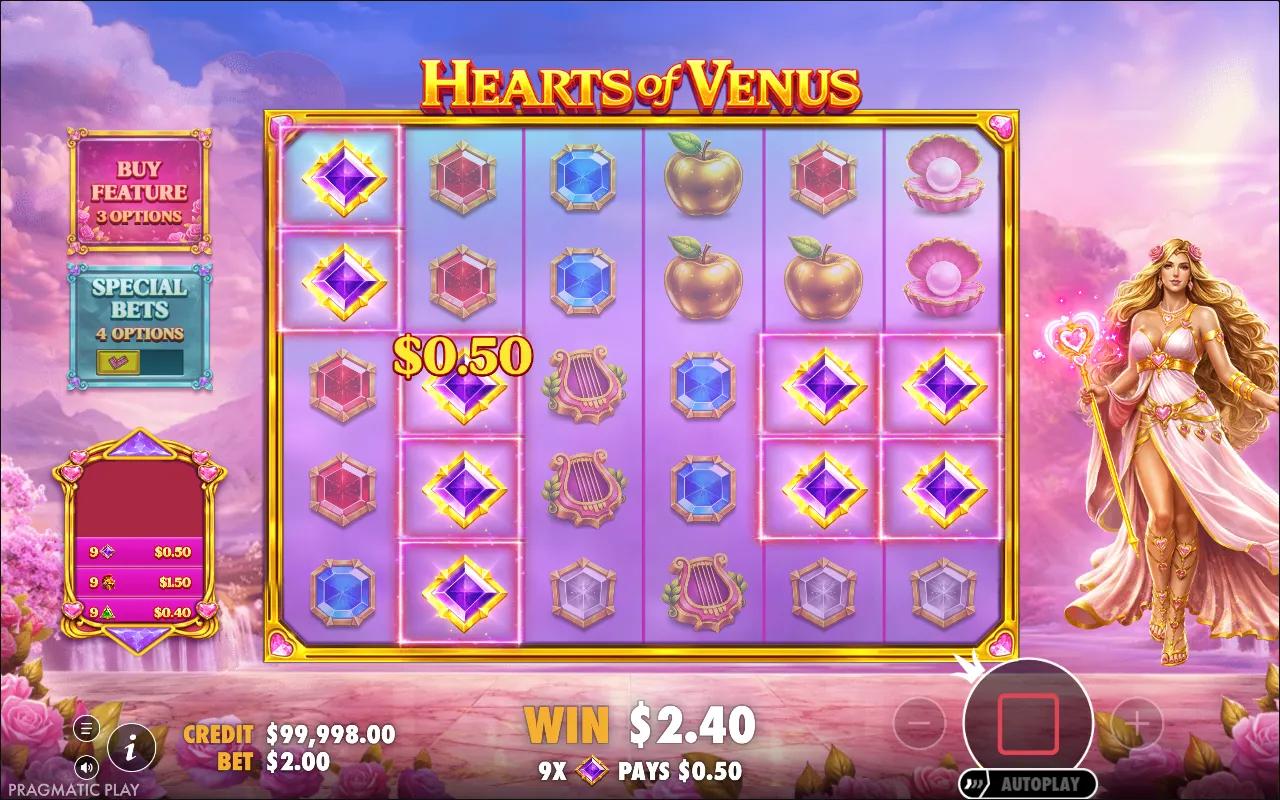 Hearts of Venus slot 6x5 grid of gems and golden apples with Venus beside the reels in the pink cloud sky