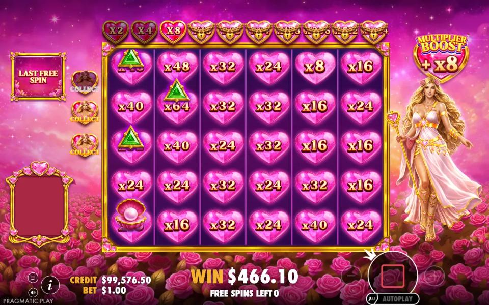 Last free spin of Hearts of Venus with a heart multiplier spot on every one of the 30 cells, values x8 to x64