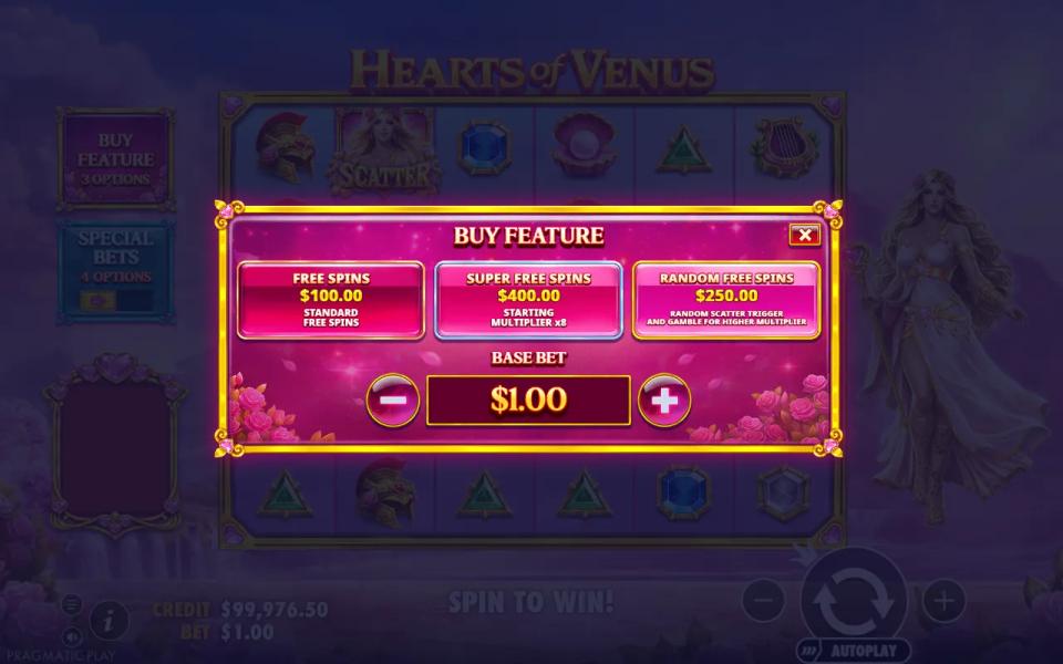 Hearts of Venus Buy Feature menu with Free Spins at 100x, Super Free Spins at 400x and Random Free Spins at 250x