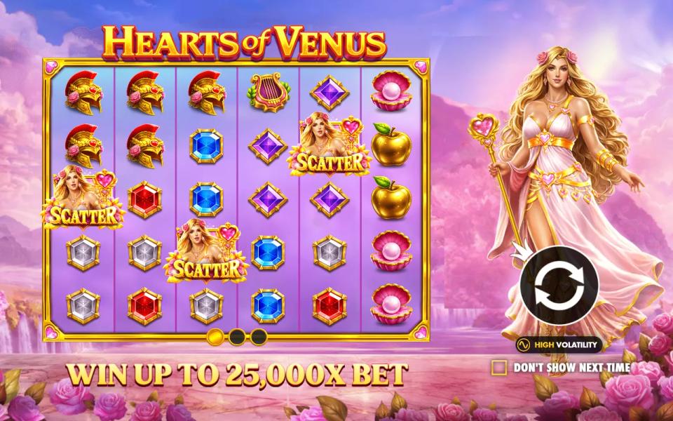 Hearts of Venus splash slide advertising a win of up to 25,000x the bet with a high volatility badge
