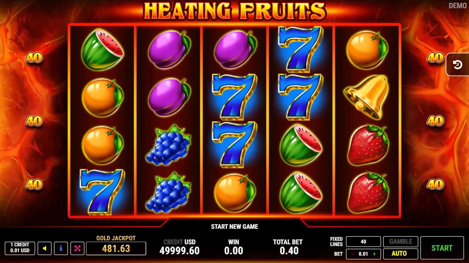 Heating Fruits slot gameplay showing 5x4 lava fruit grid with red and blue 7s, watermelon, strawberry and 40 paylines
