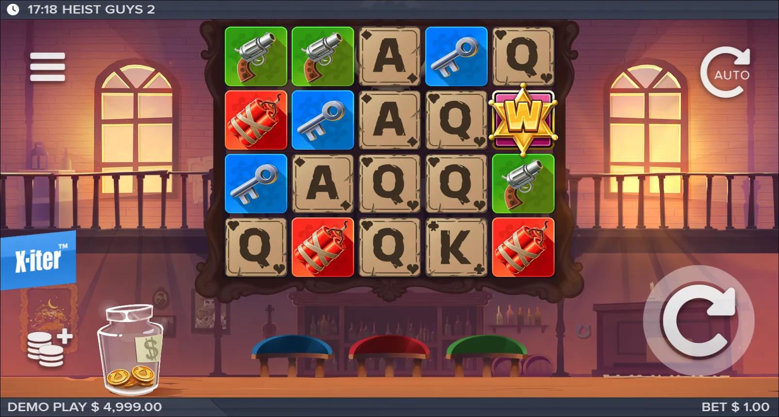 Heist Guys 2 slot gameplay showing the 5x4 saloon grid with sheriff-star Super Wild, revolver, dynamite and key symbols
