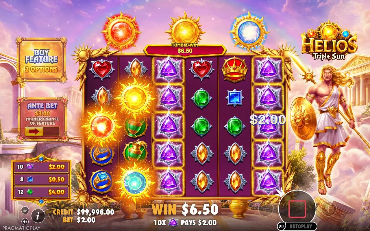 Helios Triple Sun slot 6x5 grid mid-tumble, ten purple gems paying and the red, gold and blue suns lit above the reels