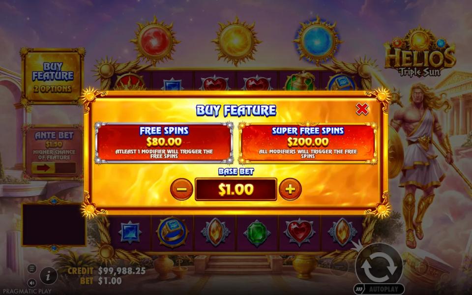 Helios - Triple Sun buy menu offering Free Spins for 80x and Super Free Spins for 200x the bet