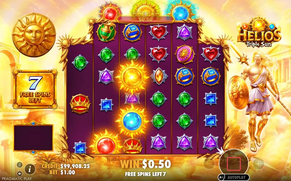 First free spin in Helios - Triple Sun with the top row opened on the four middle reels