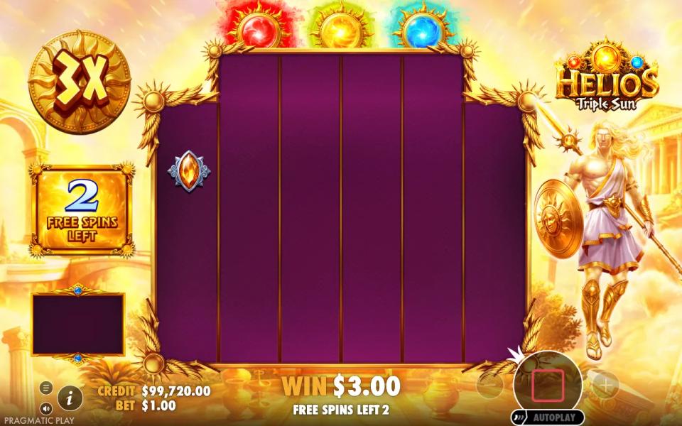 A Helios - Triple Sun free spin with no win while the blue sun's total multiplier stays at 3x