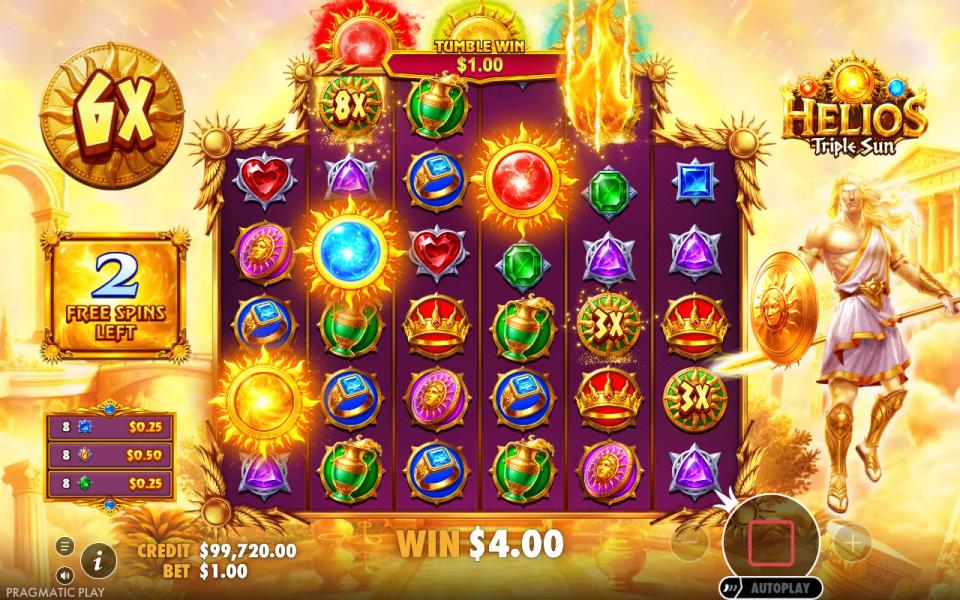 Helios - Triple Sun Super Free Spin with 8x and three 3x multiplier symbols next to a 6x total multiplier