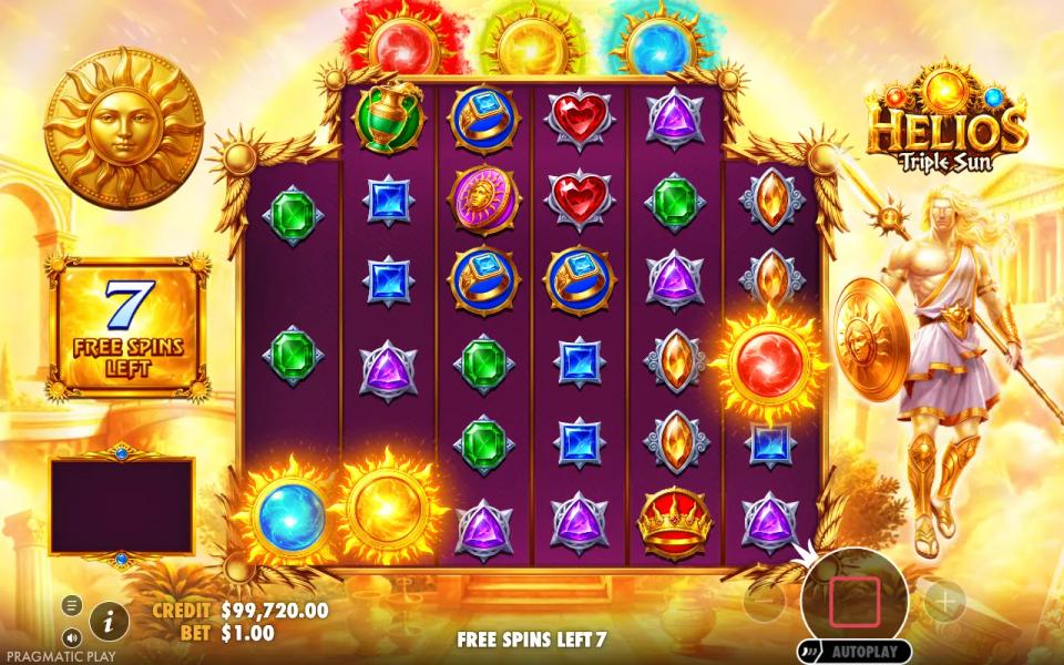Opening Super Free Spin of Helios - Triple Sun with all three suns and the extra row already in place