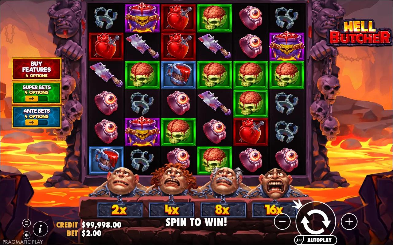 Hell Butcher slot gameplay showing 6x6 pays-anywhere grid with devil and butcher symbols and the wild multiplier ladder