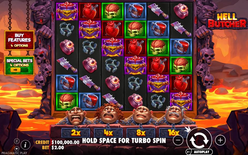 Hell Butcher 6x6 cluster grid of horror symbols with four multiplier plates reading 2x, 4x, 8x and 16x below the reels