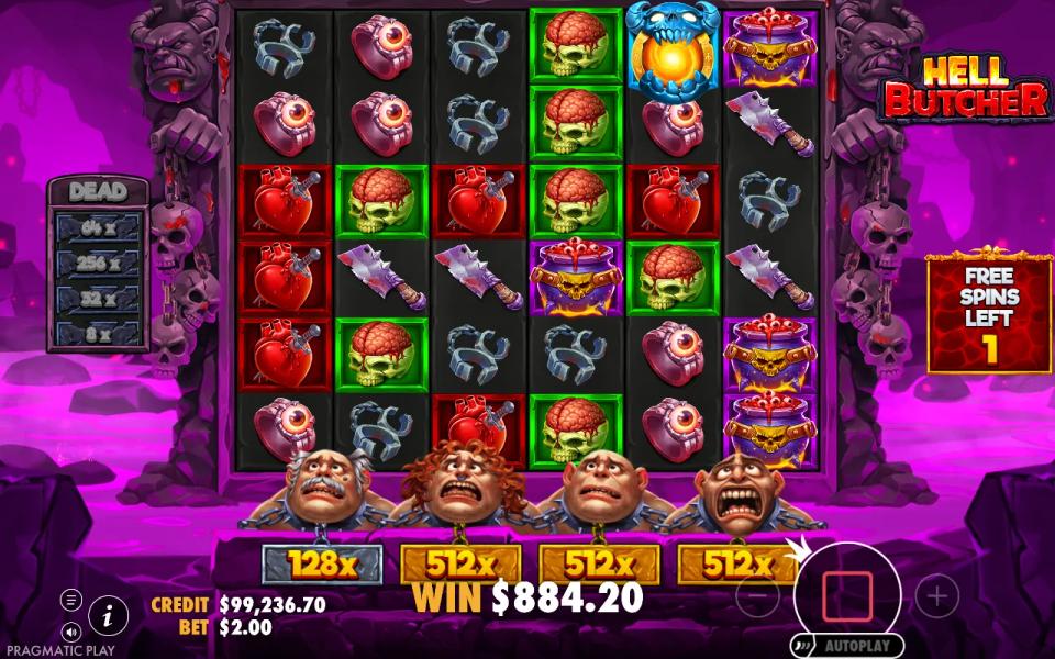 Hell Butcher free spin with three of the four multiplier plates showing 512x