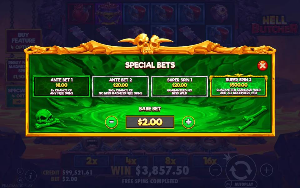 Hell Butcher special bets panel showing two ante bets and two super spins priced from 8.00 to 500.00 against a 2.00 base bet