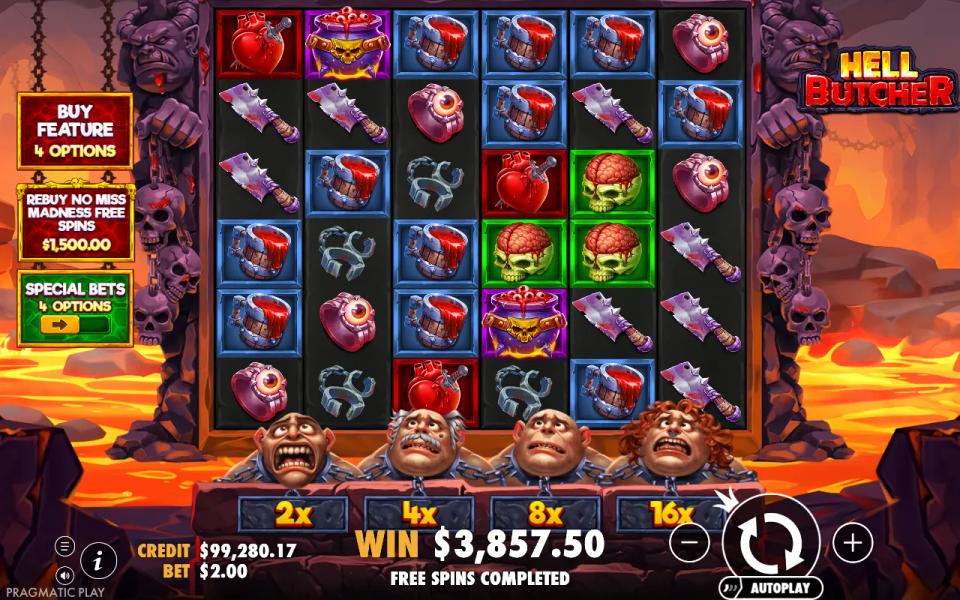 Hell Butcher win field showing 3,857.50 at the end of a bought No Miss Madness round