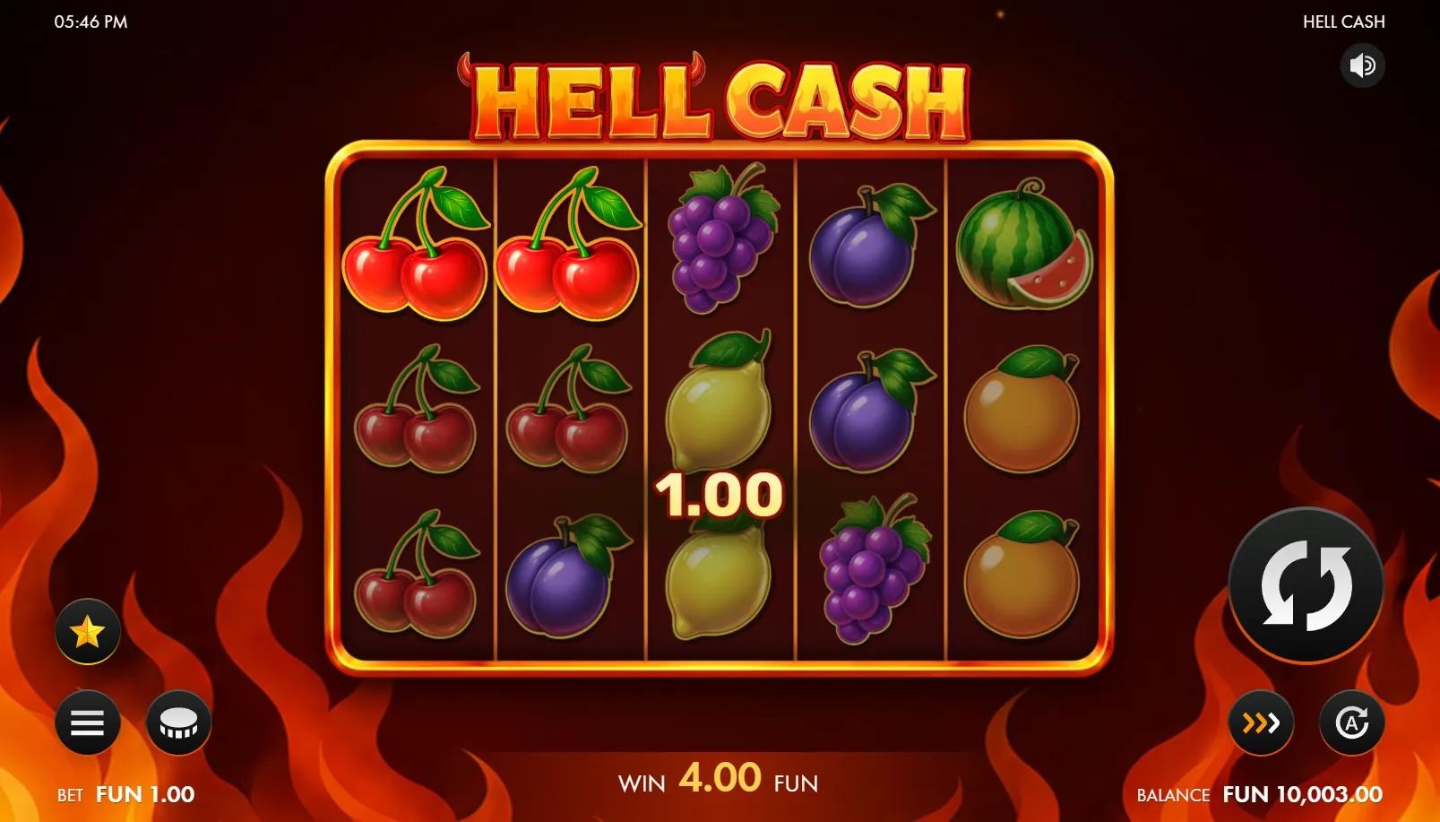 Hell Cash slot gameplay showing 5x3 fruit reels in a hellfire frame with cherries, lemons, plums and grapes