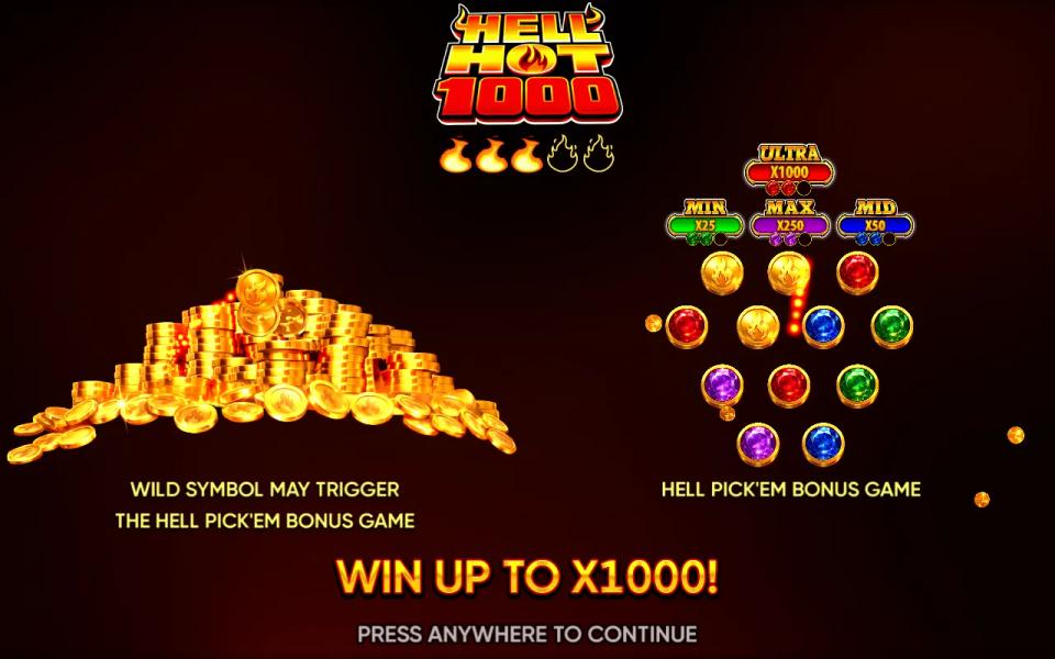 Hell Hot 1000 intro screen showing the Hell Pick'em bonus coins and the MIN, MID, MAX and ULTRA award plaques above the words WIN UP TO X1000