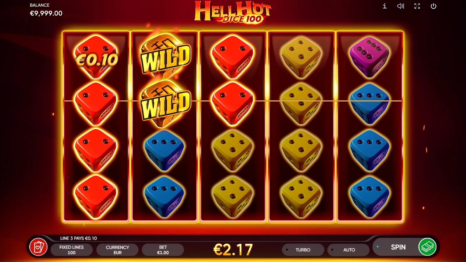 Hell Hot Dice 100 gameplay showing 5x4 reels of colourful dice with a flaming gold stacked Wild on a fiery red background