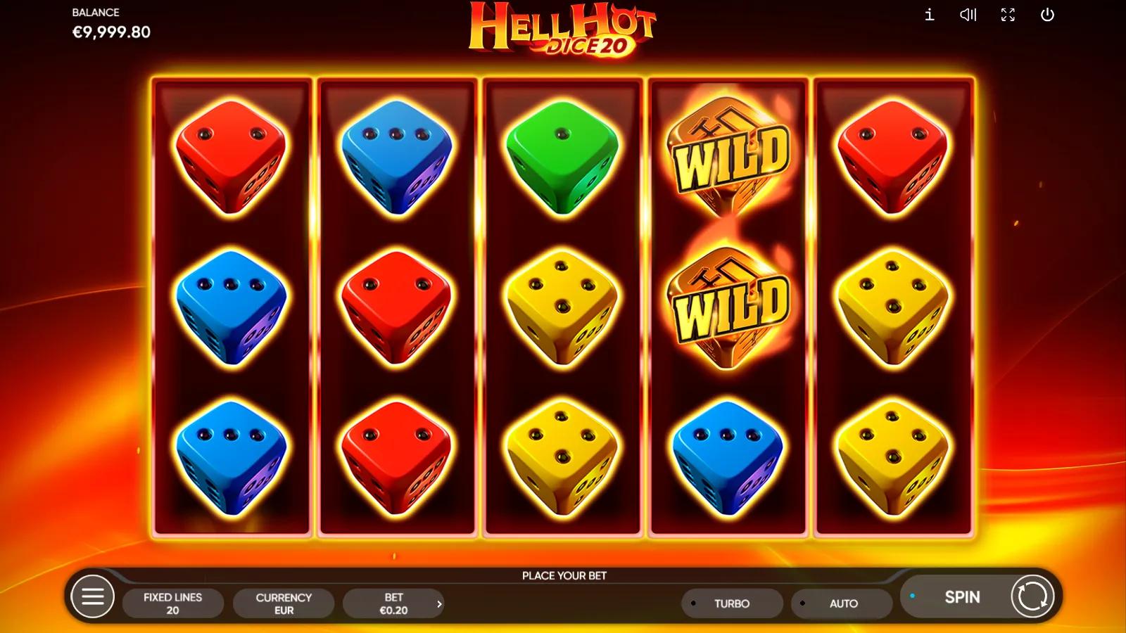 Hell Hot Dice 20 slot gameplay showing 5x3 reels of colourful dice with a flaming gold stacked Wild on a fiery red background