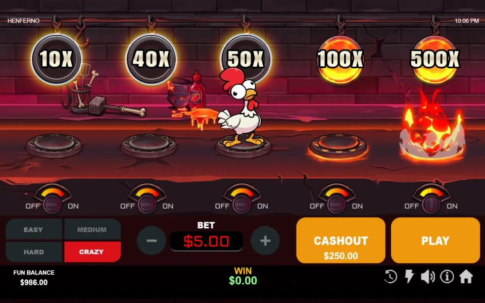 Henferno on Crazy difficulty, the hen six plates along with 10X, 40X and 50X pans darkened behind her and 100X and 500X still lit ahead