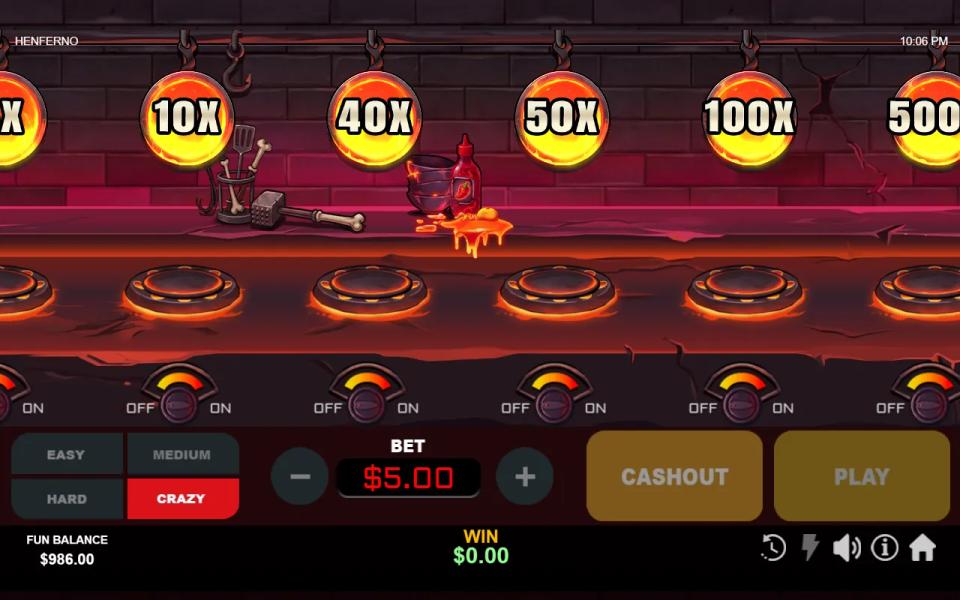 Henferno after the hen has hit a burner, the playfield empty of the bird and every multiplier pan relit for a new round