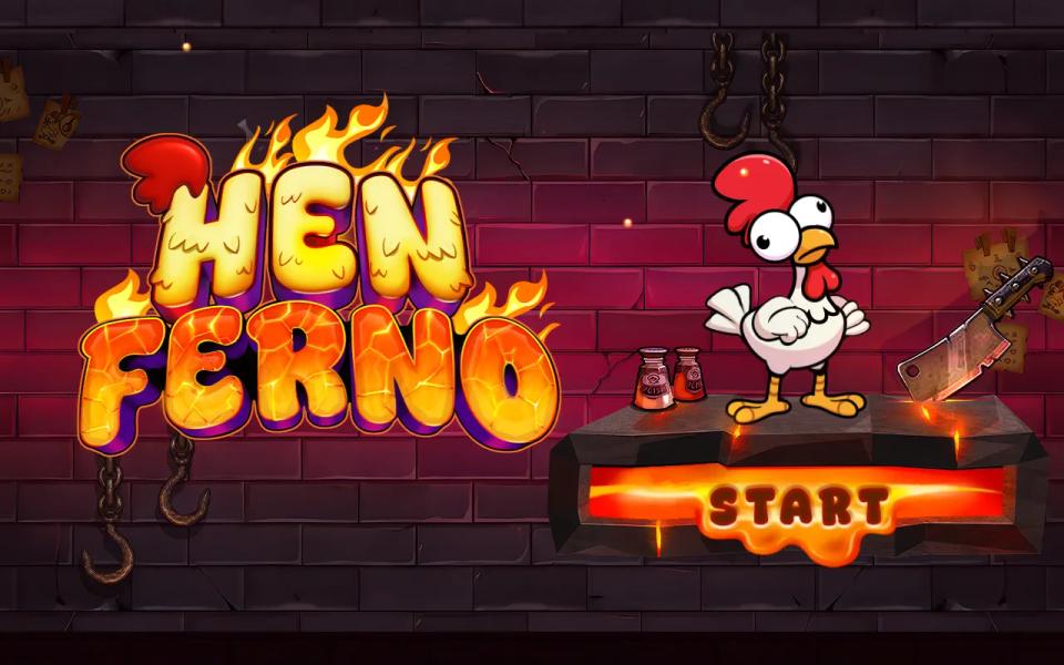 Henferno title screen, a cartoon hen standing on a stone slab beside a cleaver and two hot sauce shakers under a logo made of cracked lava