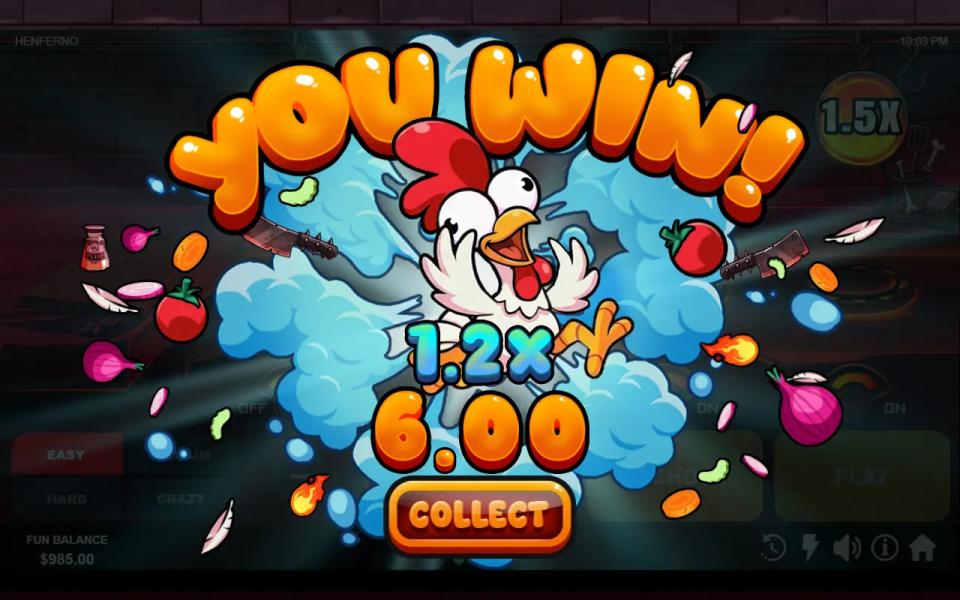 Henferno win card, the hen bursting out of a cloud of steam surrounded by flying tomato, onion and carrot above a Collect button