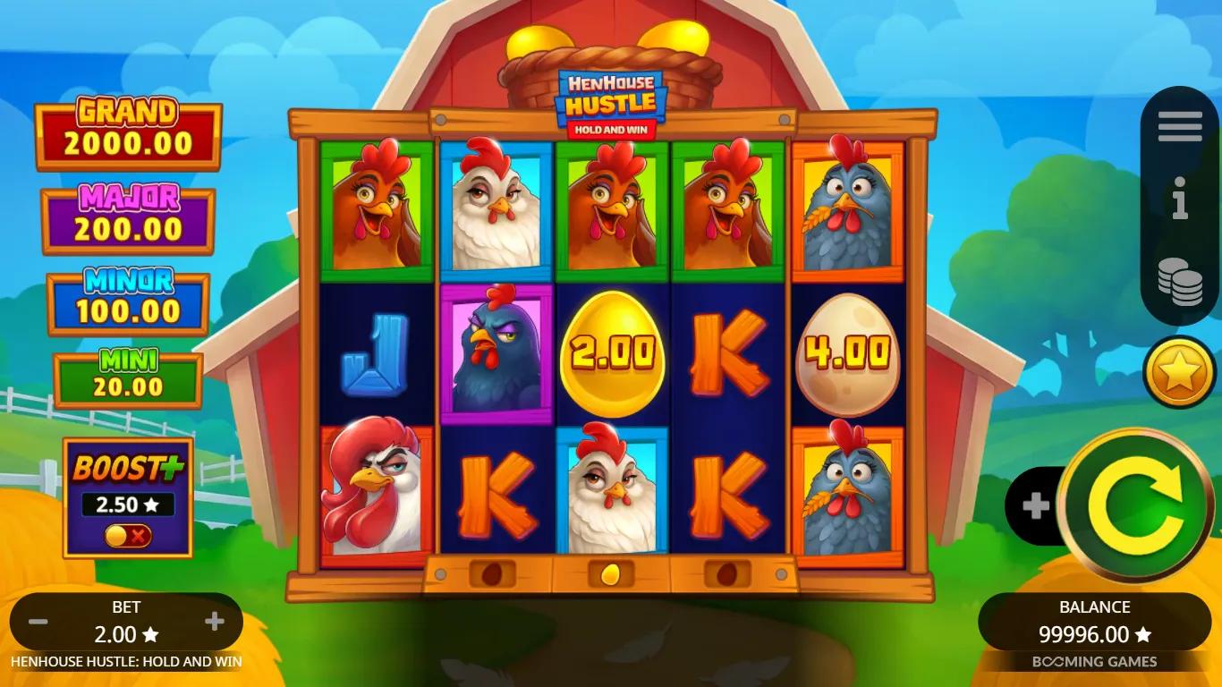 Henhouse Hustle Hold and Win gameplay showing 5x3 farm grid with chicken symbols and left-side jackpot ladder