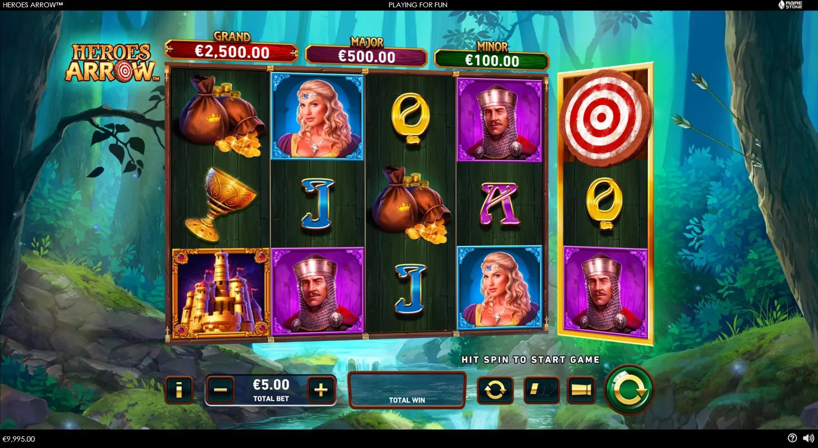 Heroes Arrow Robin Hood forest reels with maiden, knight and castle symbols, stacked shield wilds and a tilted target reel