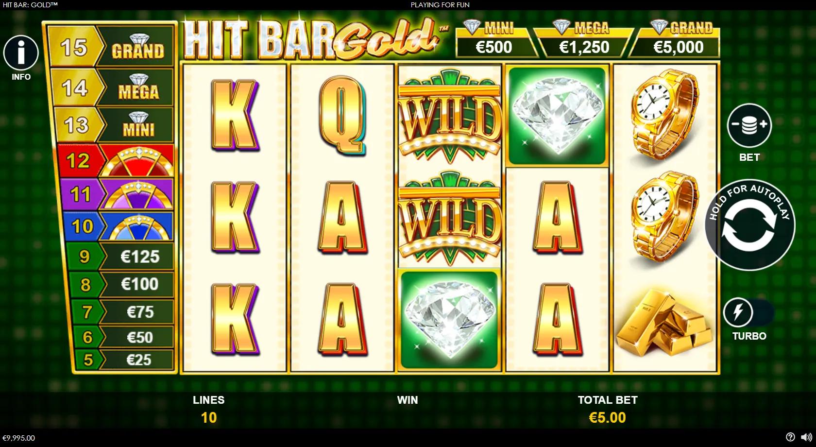 Hit Bar: Gold gameplay showing 5x3 gold-bar reels with a 15-step prize ladder and MINI/MEGA/GRAND jackpots
