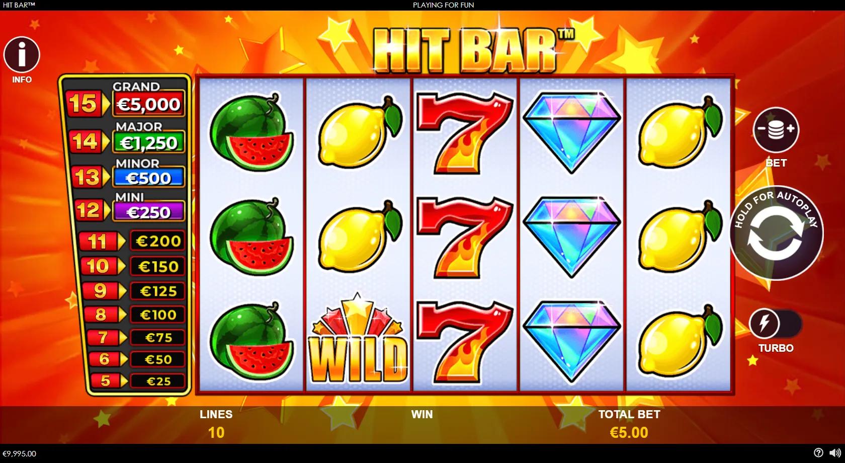Hit Bar gameplay showing a 5x3 classic fruit reel set with diamonds, red sevens and a Hit Bar prize ladder