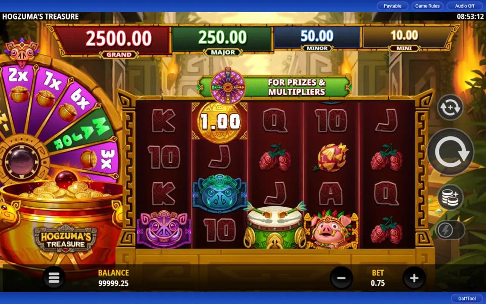 Hogzuma's Treasure base game: a 5x4 jungle temple board with a gold Coin on reel 2, a Drum scatter, the pig Chief, the jackpot wheel on the left and four jackpot plaques above