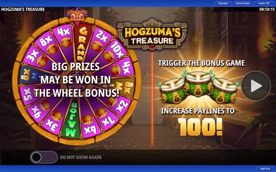 Hogzuma's Treasure tutorial screen: three green Drums that trigger the bonus, the line 'Increase paylines to 100' and the jackpot wheel