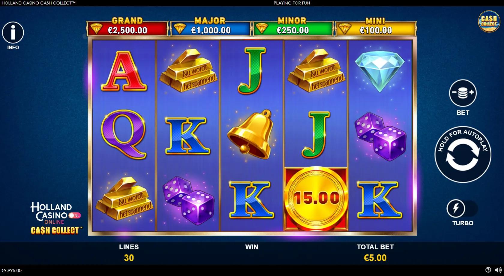 Holland Casino Cash Collect gameplay showing 5x3 reels with gold cash coins and four jackpot bars