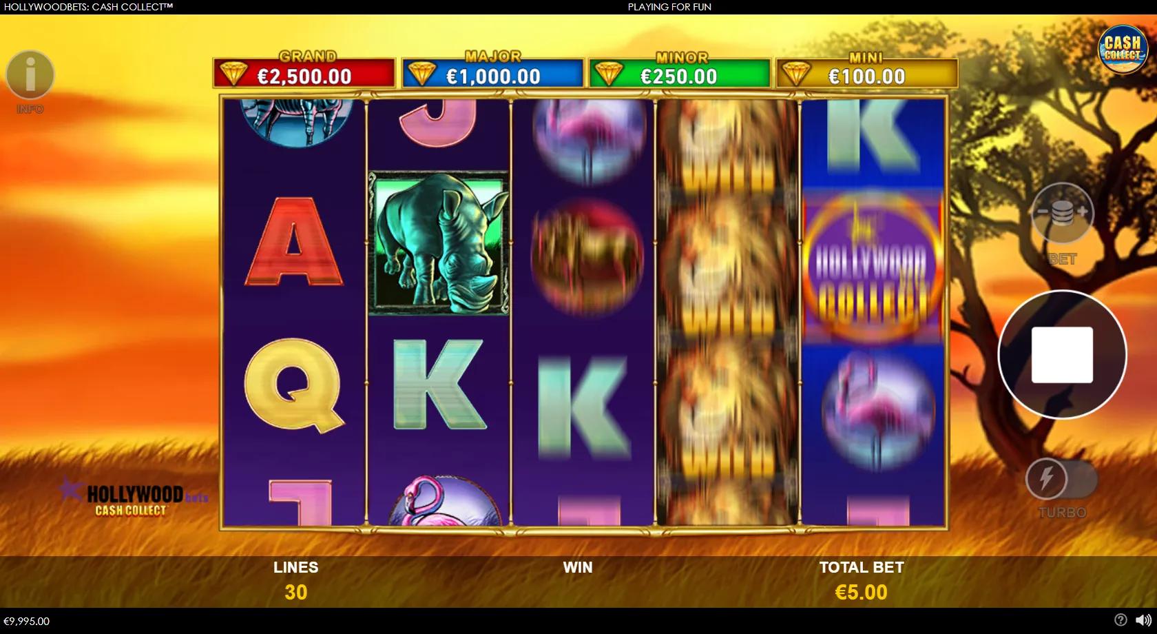 Hollywoodbets Cash Collect slot: 5x3 African safari grid with gold cash coins, a lion Wild and four jackpots