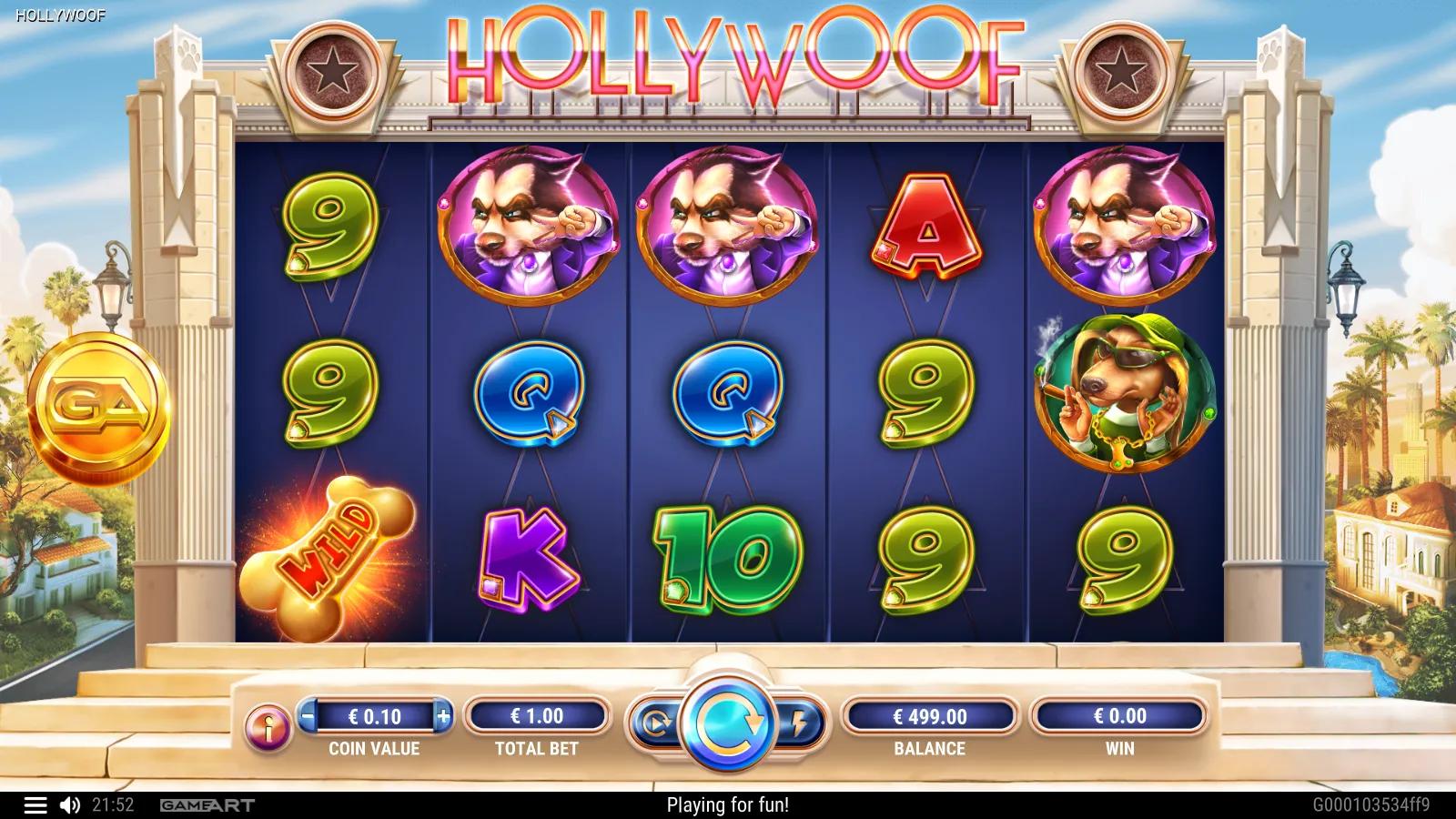 Hollywoof slot gameplay showing the 5x3 reels with celebrity-dog symbols and a bone wild multiplier over neon card royals