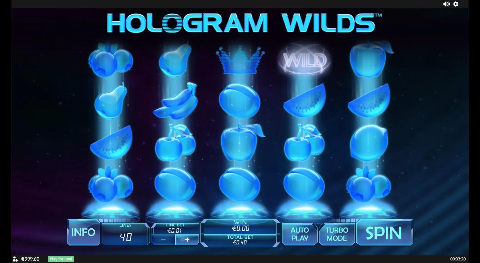 Hologram Wilds 5x4 grid of glowing blue holographic fruit and 7 symbols beamed from holo-pads with a stacked wild