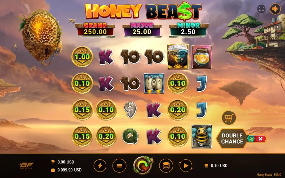 Honey Beast base game grid covered in gold coin symbols with their cash values printed on them and no collector on the reels