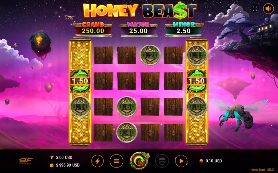 Honey Beast feature round with a collector symbol on each end reel, both showing the same collected total