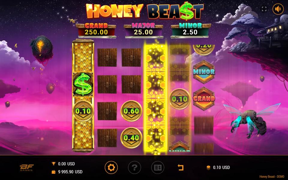 Honey Beast Honey Money Games with a collector on reel one, coins across the grid and Minor and Grand reward symbols on reel six