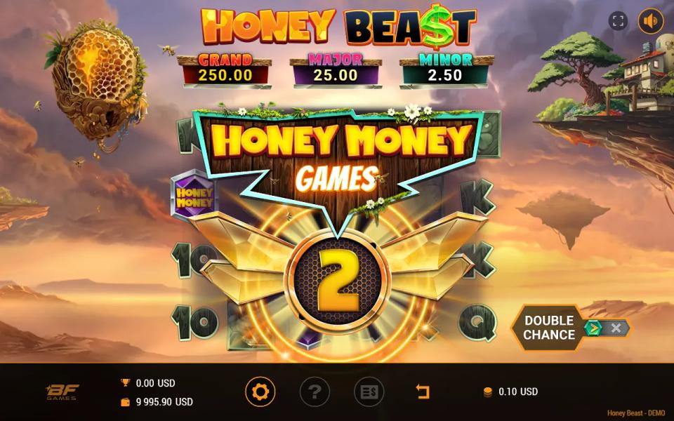Honey Beast Honey Money Games intro card showing two free games awarded