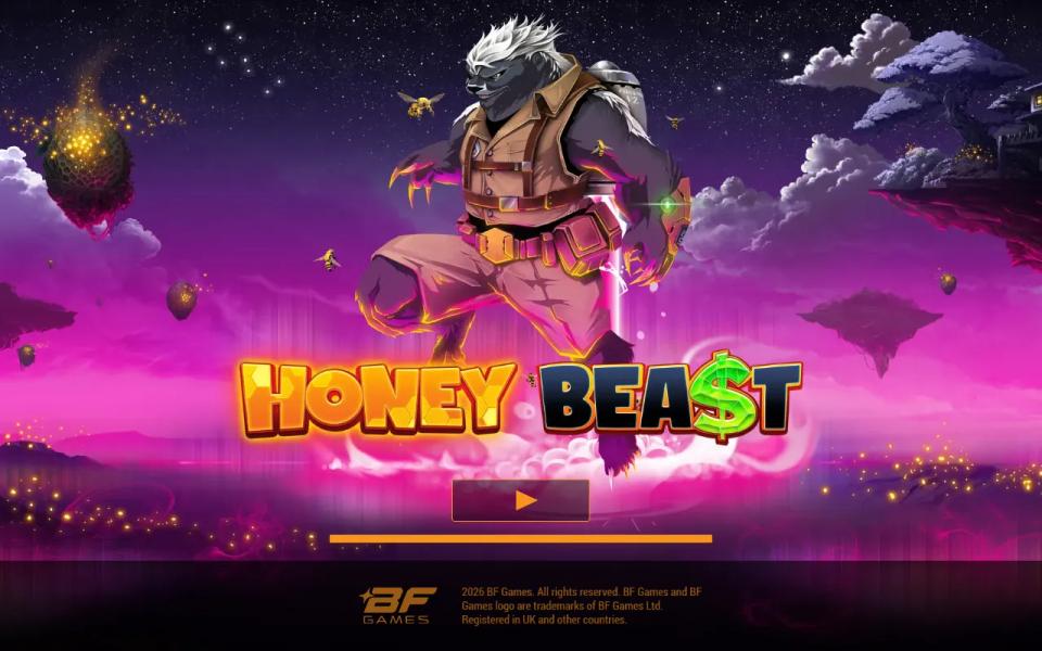 Honey Beast title screen with an armoured honey badger leaping over a hive against a purple sky