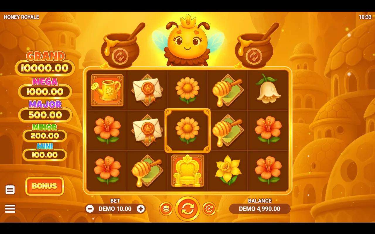 Honey Royale slot 5x3 grid of flowers and gilded royal symbols with the crowned Queen Bee and MINI to GRAND jackpot plaques