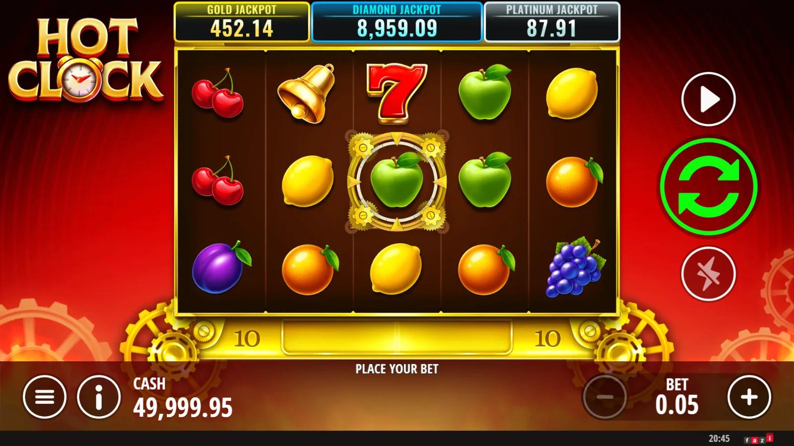 Hot Clock slot gameplay showing 5x3 fruit reels with a clockwork center frame and Gold, Diamond, Platinum jackpots